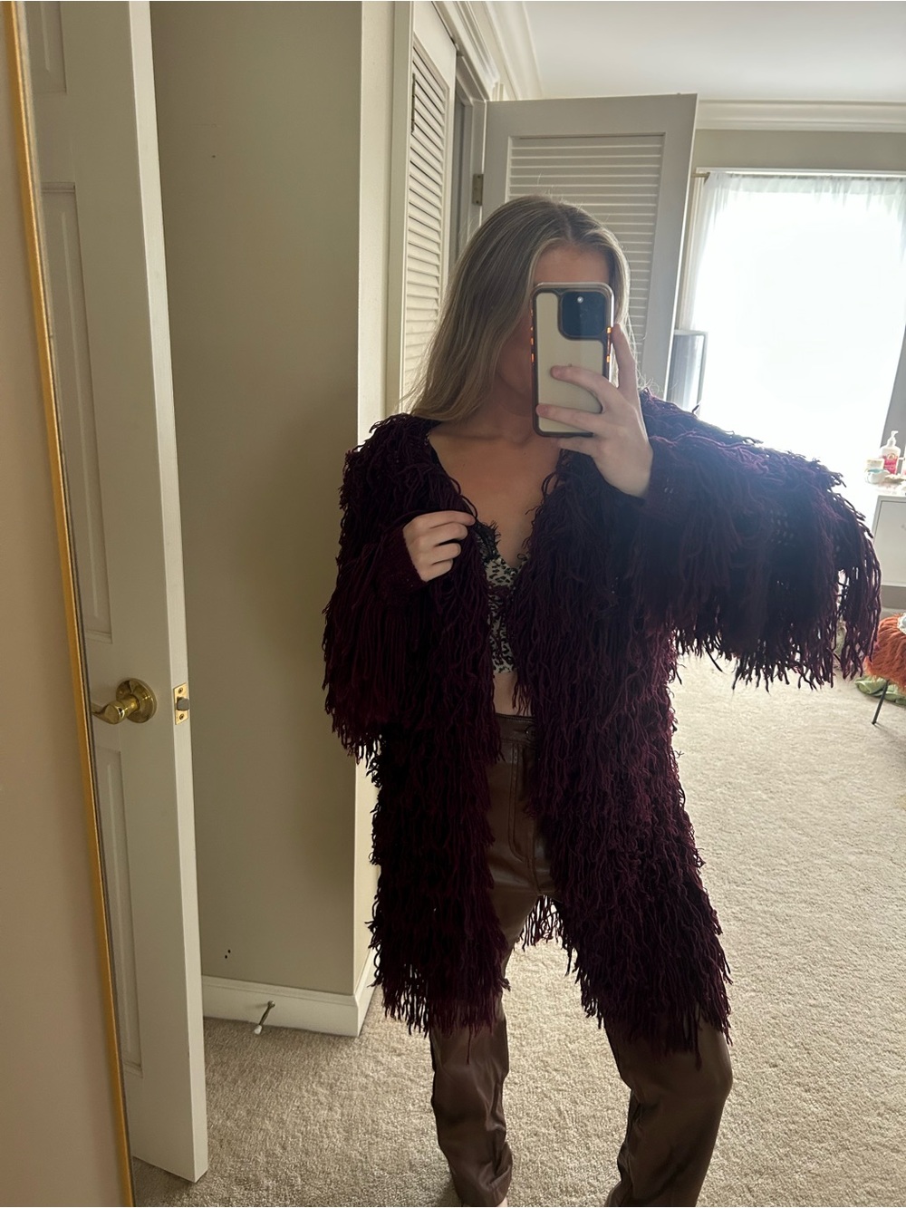 Fashion Nova Plush Fringe Cardigan - Deep Burgundy